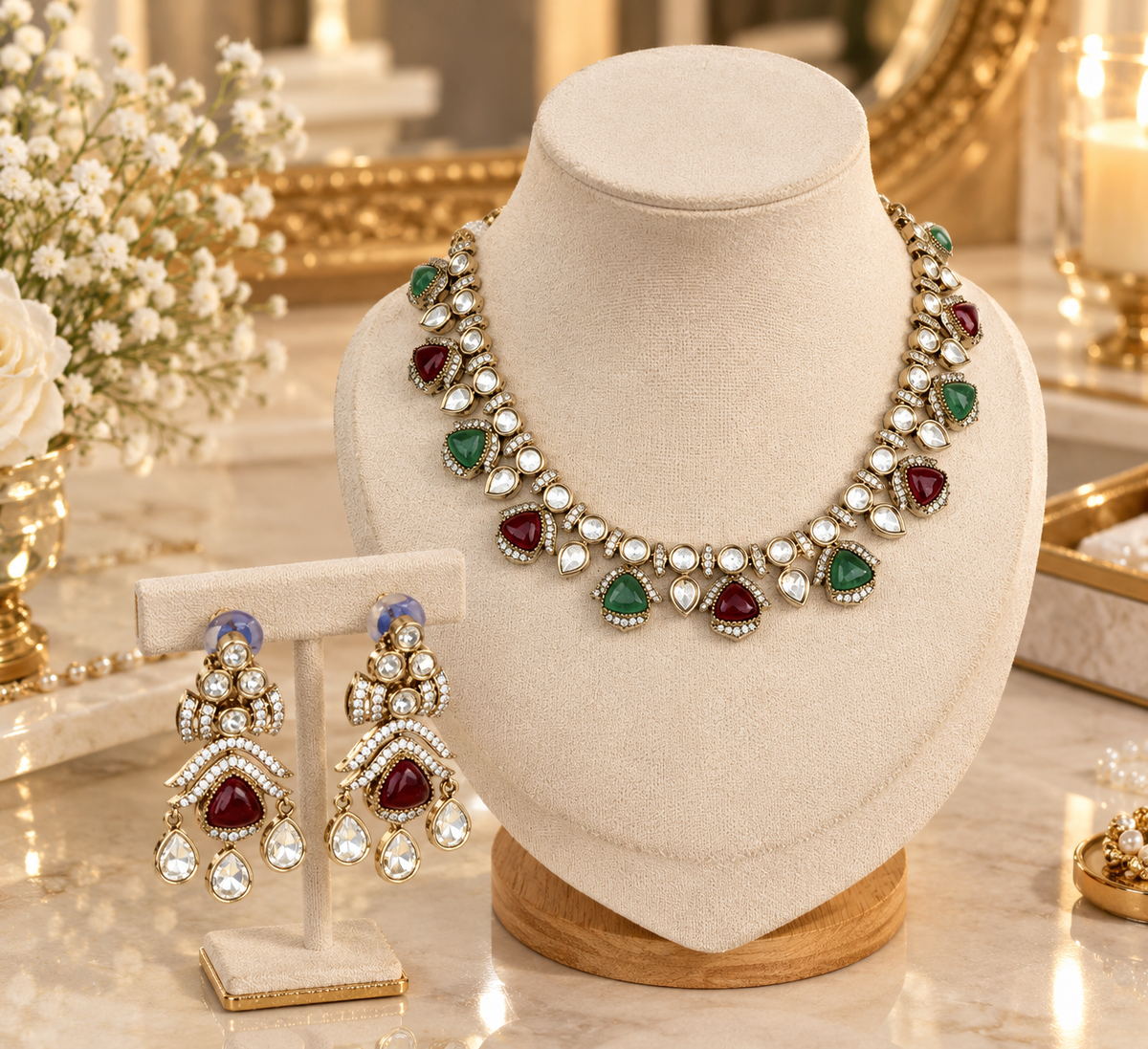 Kundan Emerald Ruby Necklace Set