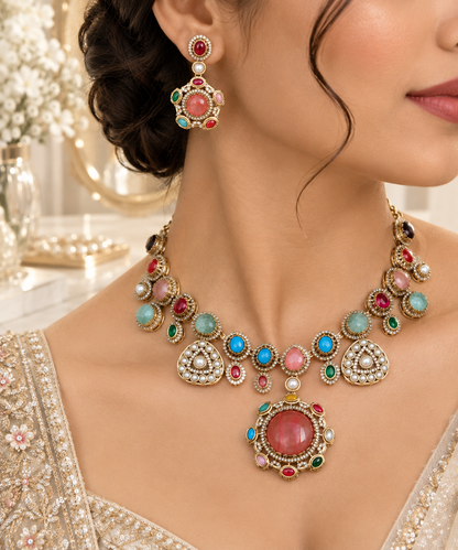Navratna Floral Pendant Necklace Set