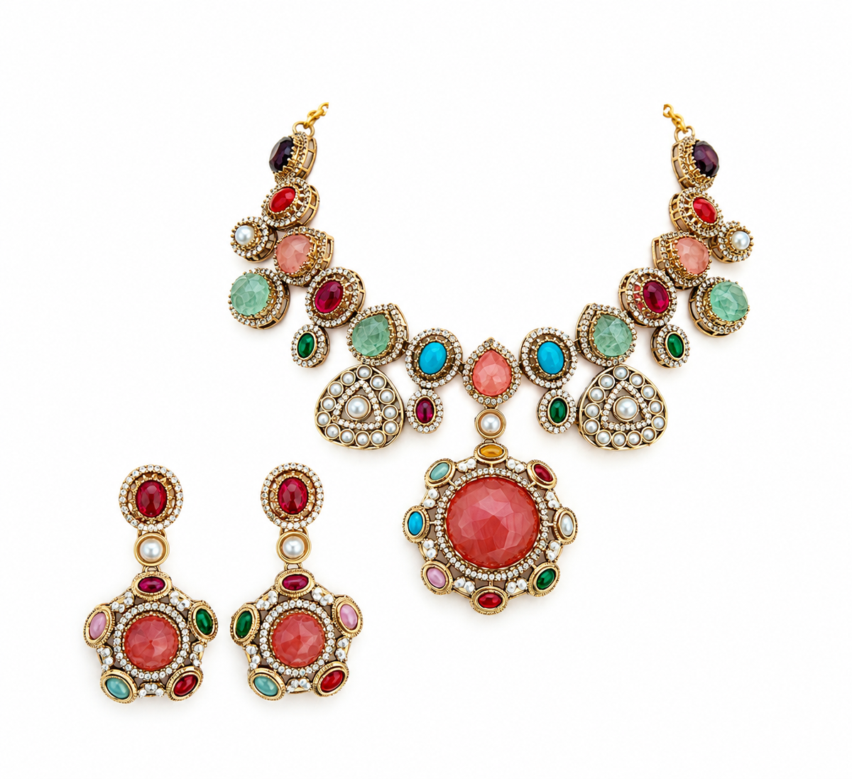 Navratna Floral Pendant Necklace Set