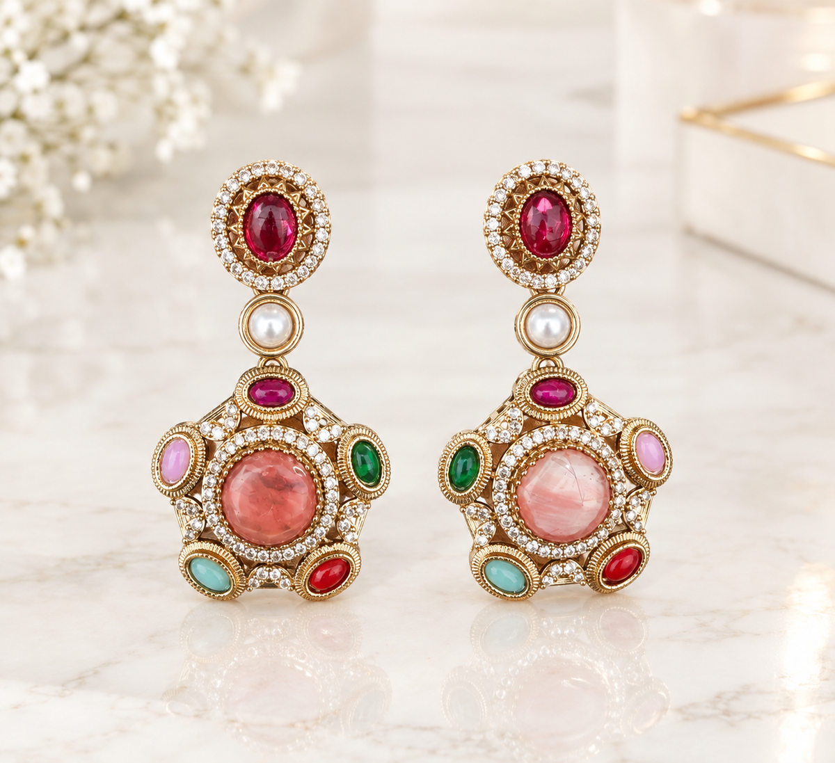 Navratna Floral Pendant Necklace Set