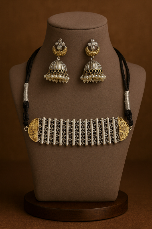 Oxidised Choker Necklace Set with Jhumka Earrings - Silver & Gold Accents