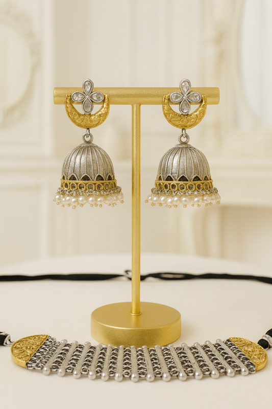 Oxidised Choker Necklace Set with Jhumka Earrings - Silver & Gold Accents