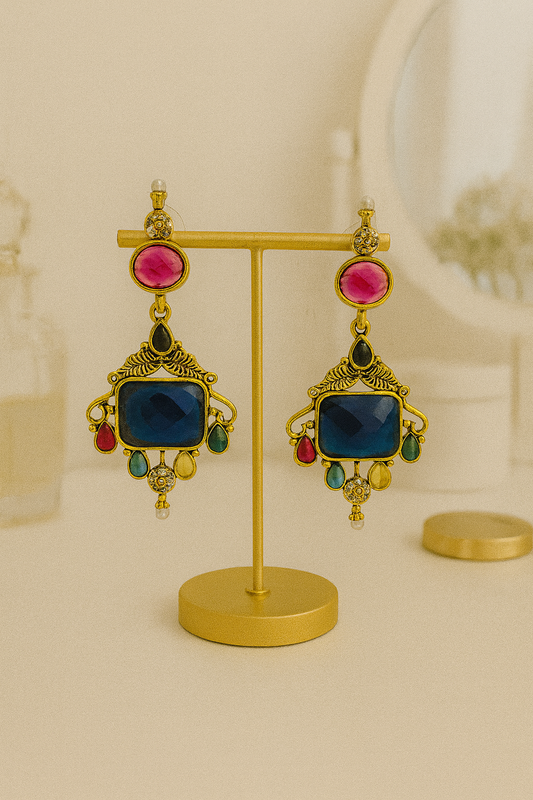 Gold Plated Oxidised Drop Earrings with Navy Blue & Multicolor Stones
