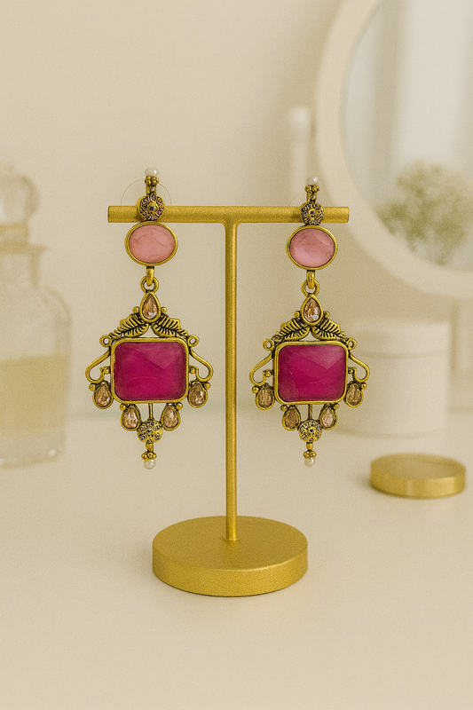 Gold Plated Oxidised Drop Earrings with Pink Stones & Pearls for Women