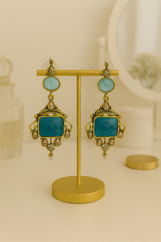 Gold Plated Oxidised Drop Earrings with Aqua Blue Stones for Women