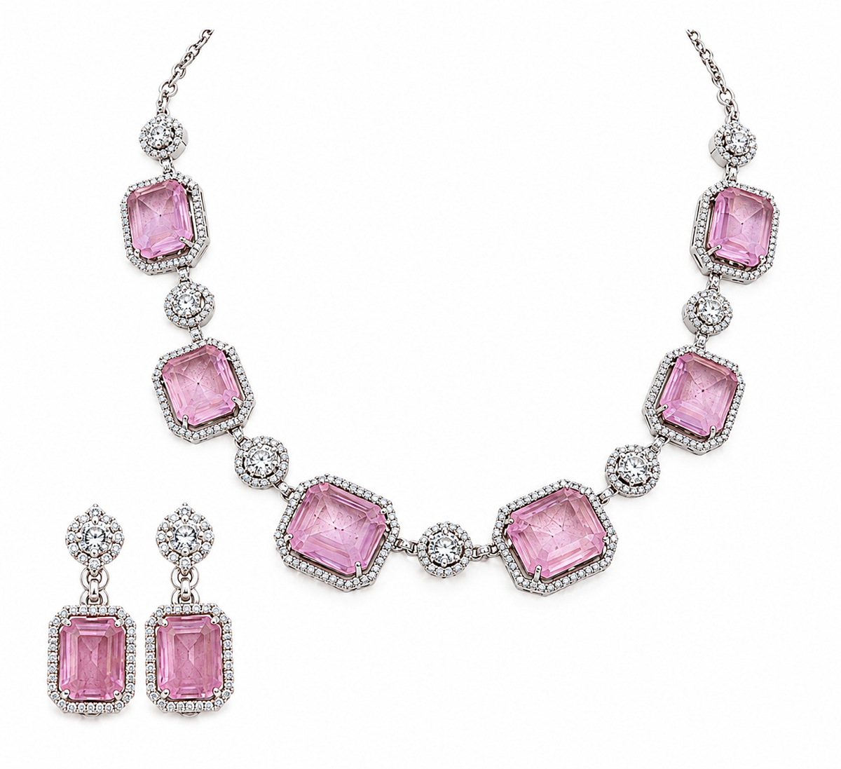 Pink Stone Halo Necklace Set