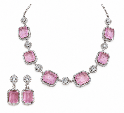 Pink Stone Halo Necklace Set