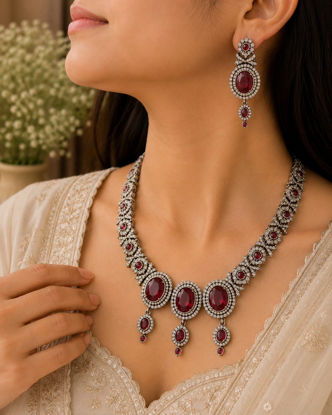Ruby Halo Drop Necklace Set
