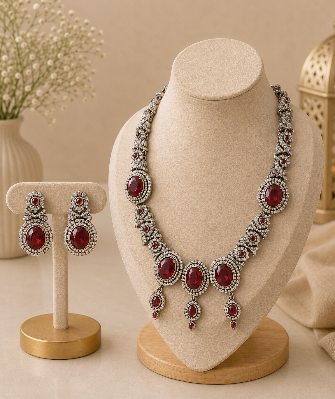 Ruby Halo Drop Necklace Set