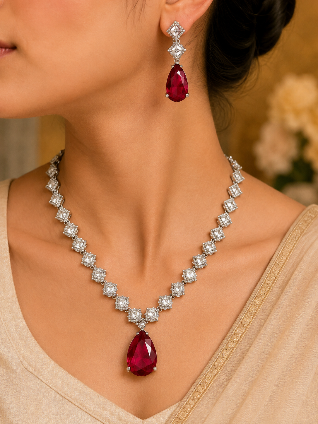 Ruby Teardrop Necklace Set