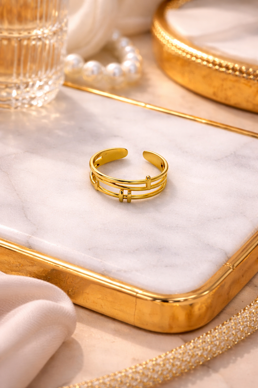 Gold Plated Triple Band Adjustable Ring for Women | Minimal Geometric Open Ring