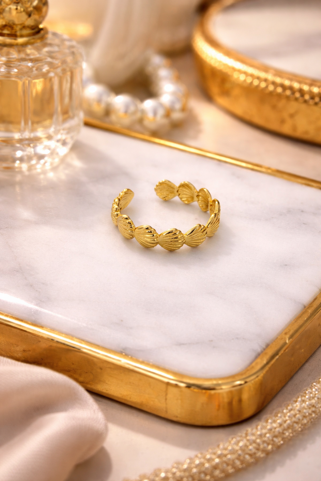 Gold Plated Shell Cluster Adjustable Ring for Women | Textured Beaded Open Ring