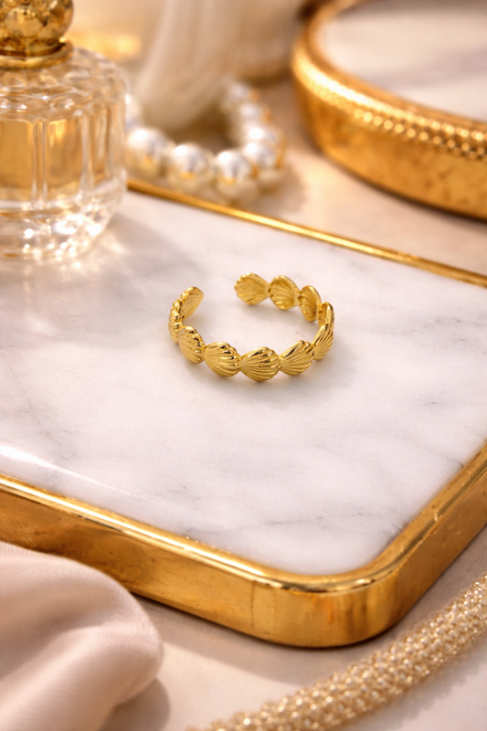 Gold Plated Shell Cluster Adjustable Ring for Women | Textured Beaded Open Ring