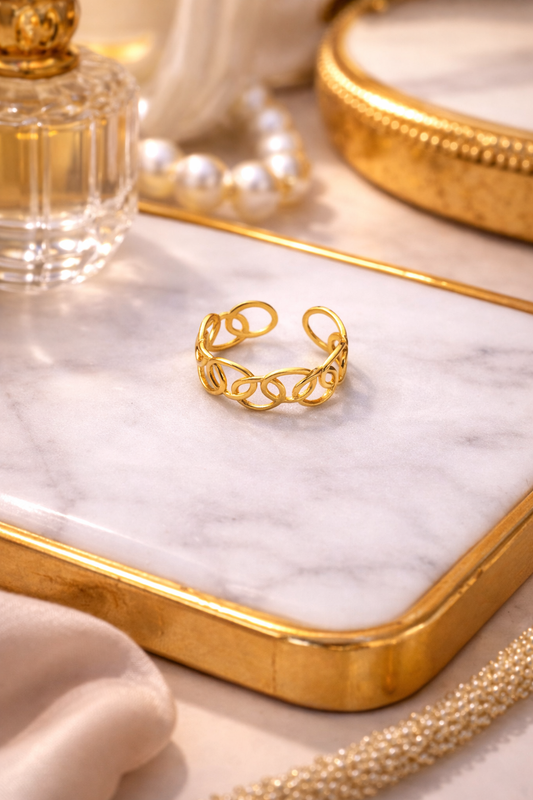 Gold Plated Interlocking Chain Adjustable Ring for Women | Minimal Loop Design Open Ring