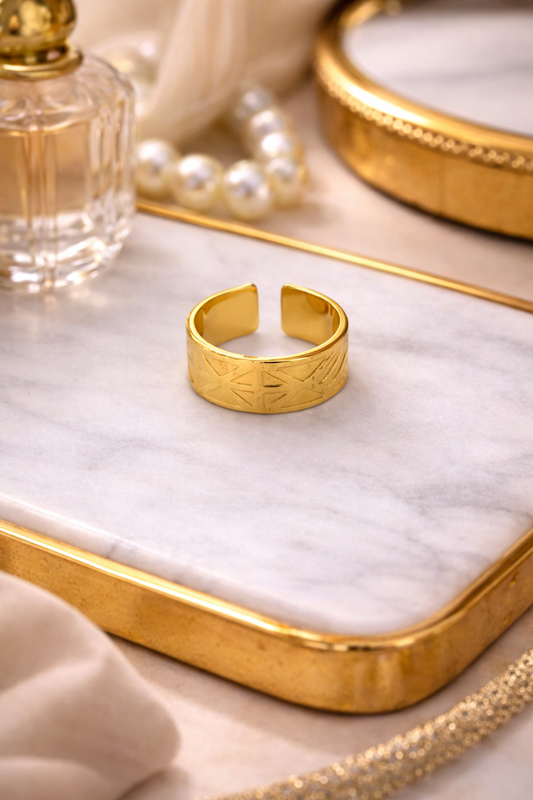 Gold Plated Geometric Engraved Wide Band Adjustable Ring for Women | Statement Open Ring