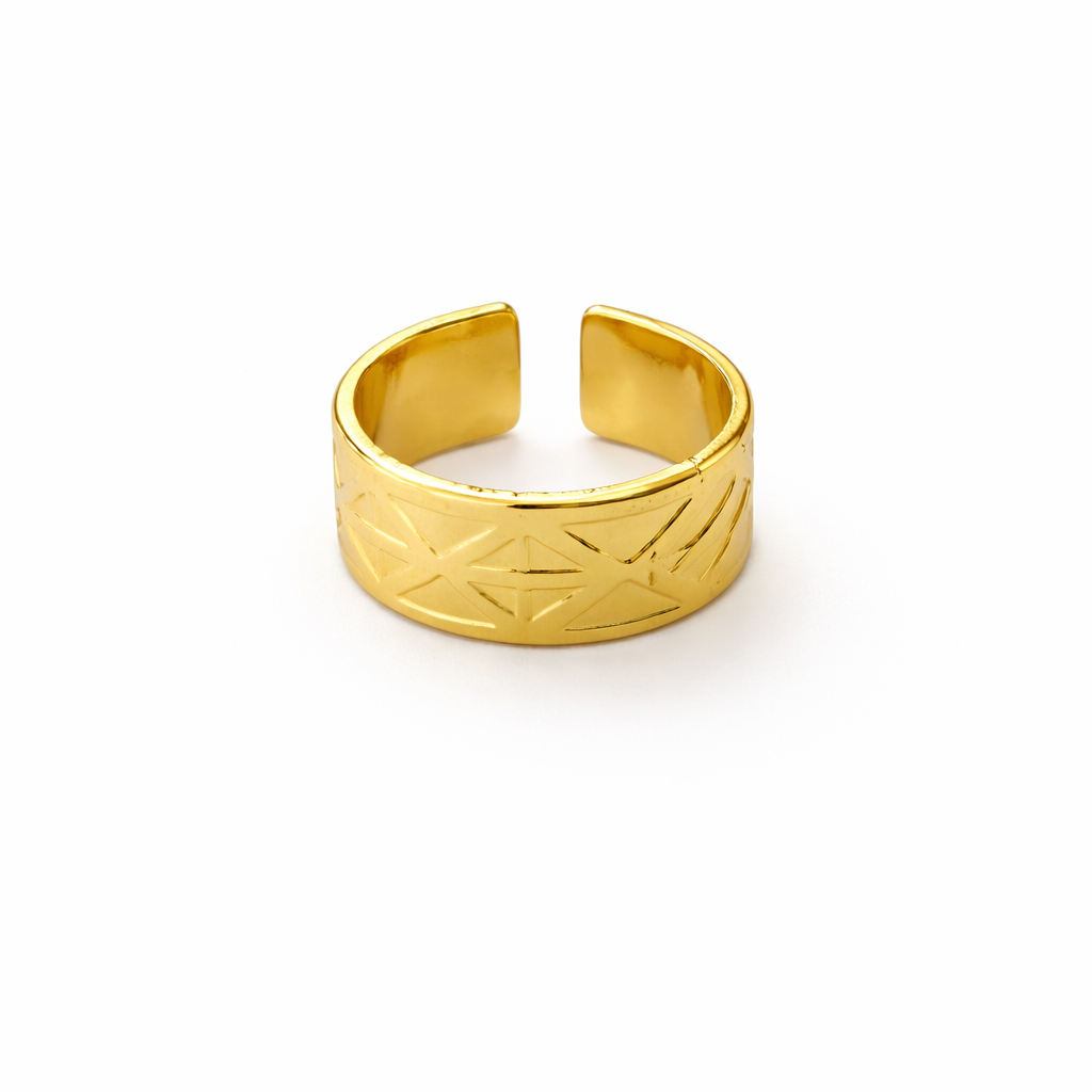 Gold Plated Geometric Engraved Wide Band Adjustable Ring for Women | Statement Open Ring