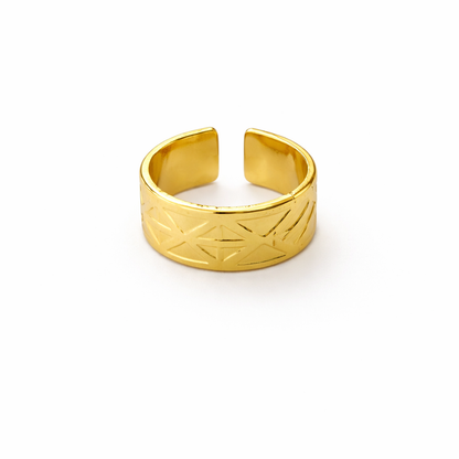 Gold Plated Geometric Engraved Wide Band Adjustable Ring for Women | Statement Open Ring