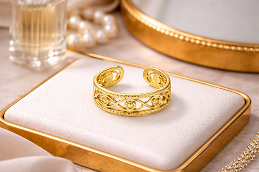 Gold Plated Evil Eye Adjustable Ring for Women | Filigree Open Band Statement Ring