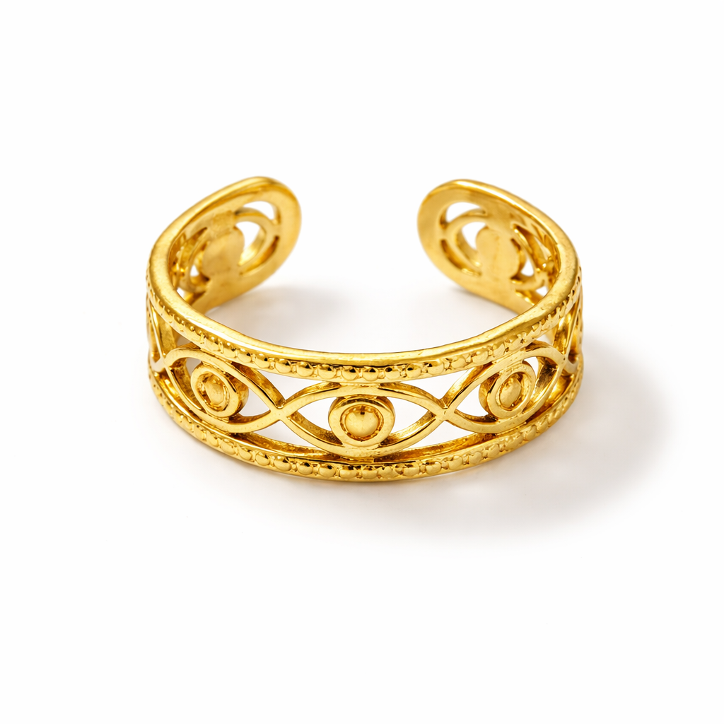 Gold Plated Evil Eye Adjustable Ring for Women | Filigree Open Band Statement Ring