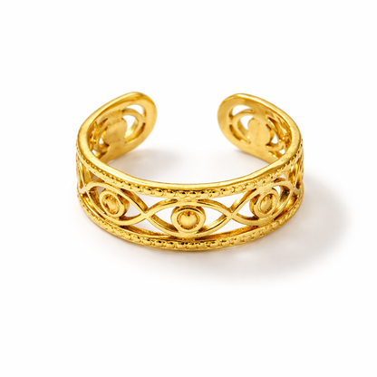 Gold Plated Evil Eye Adjustable Ring for Women | Filigree Open Band Statement Ring