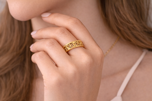 Gold Plated Evil Eye Adjustable Ring for Women | Filigree Open Band Statement Ring