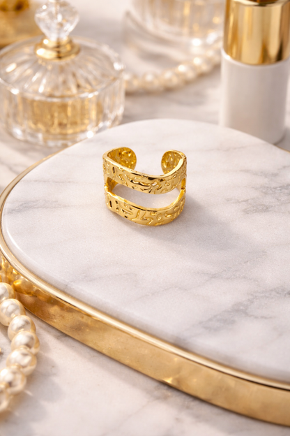 Gold Plated Double Band Adjustable Ring for Women | Textured Open Finger Ring