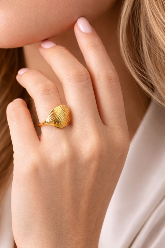 Gold Plated Shell Design Adjustable Ring for Women | Textured Statement Open Ring