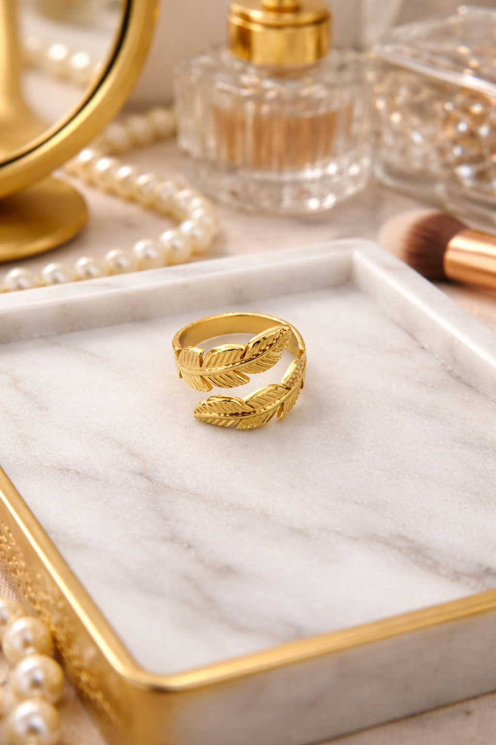 Gold Plated Leaf Design Adjustable Ring for Women | Elegant Feather Style Open Ring