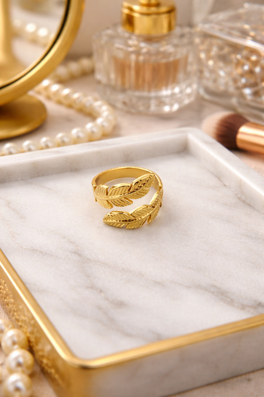 Gold Plated Leaf Design Adjustable Ring for Women | Elegant Feather Style Open Ring