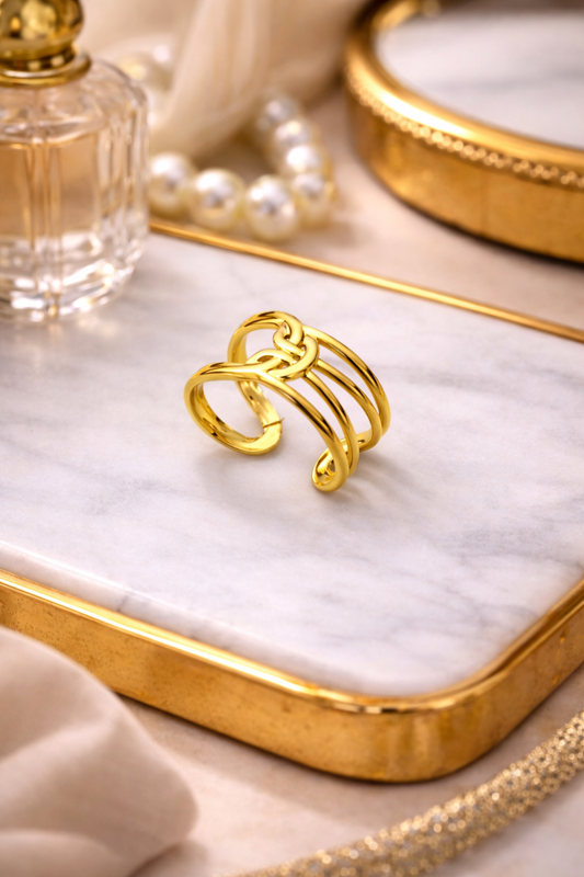 Gold Plated Knot Design Adjustable Ring for Women | Multi Band Interlocking Open Ring