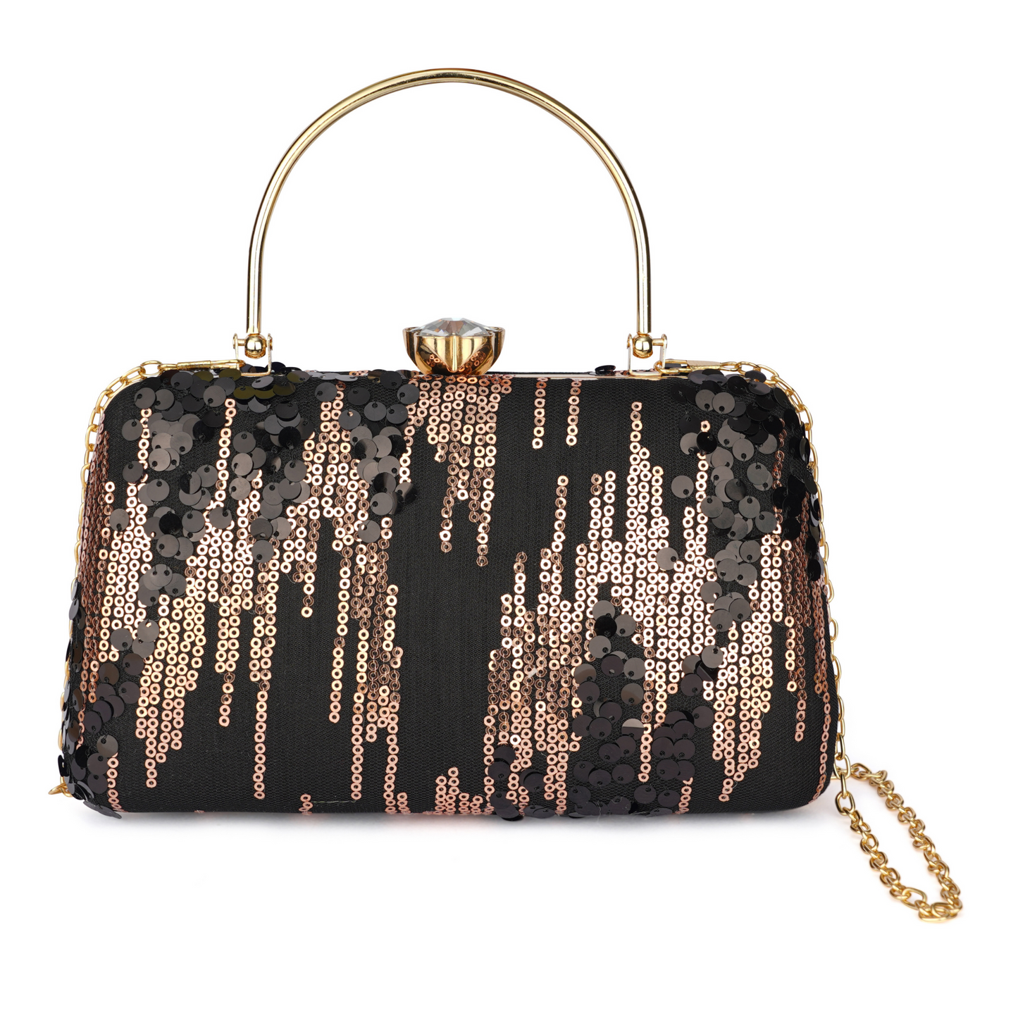 Elegant Black and Gold Sequin Clutch with Metal Handle & Chain Strap – Party & Evening Bag