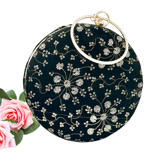 Luxury Black Velvet Round Clutch with Golden Embroidery & Ring Handle – Party & Wedding Bag