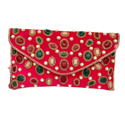 Luxury Dark Pink Velvet Envelope Clutch with Stone & Pearl Embellishments – Wedding & Party Bag