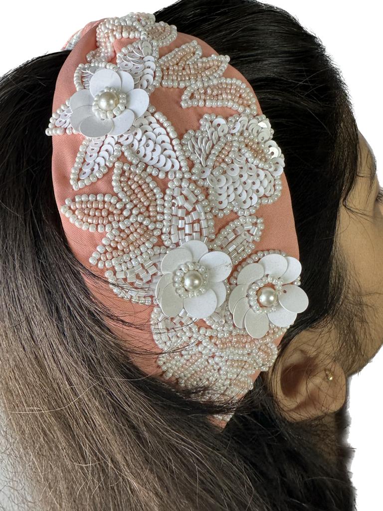 Peach White Beaded Hairband