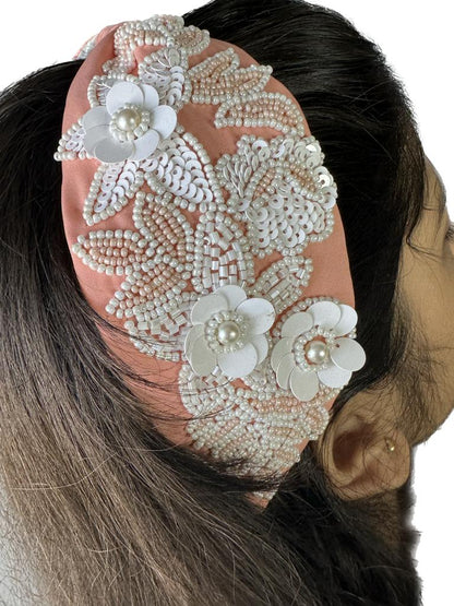 Peach White Beaded Hairband
