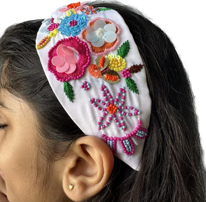 White Pink Embroidered Hairband