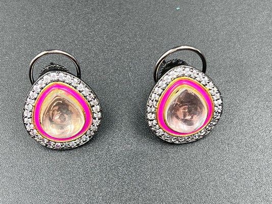 ELEGANT KUNDAN AND AD STUDDED EARRING IN GREY PINK AND GOLD