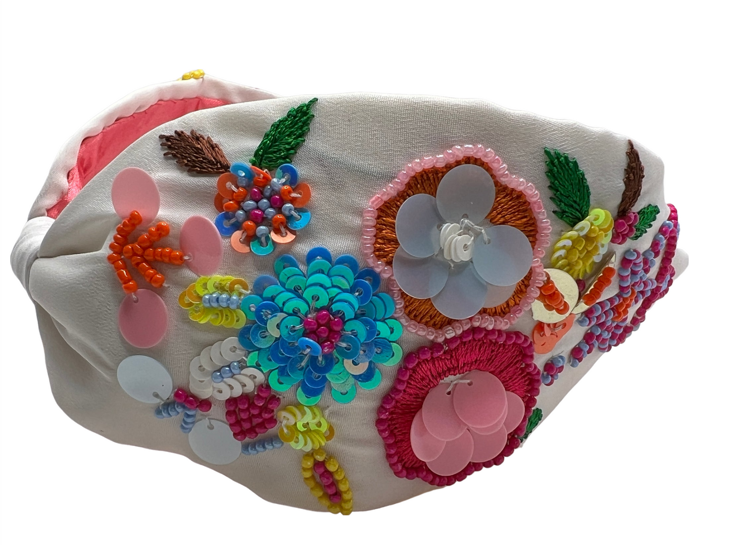 White Pink Embroidered Hairband