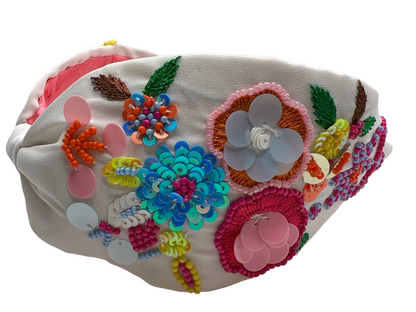 White Pink Embroidered Hairband