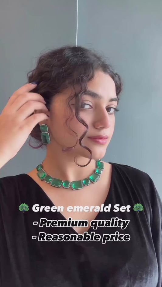 Emerald Glass Stone AD Jewellery Set